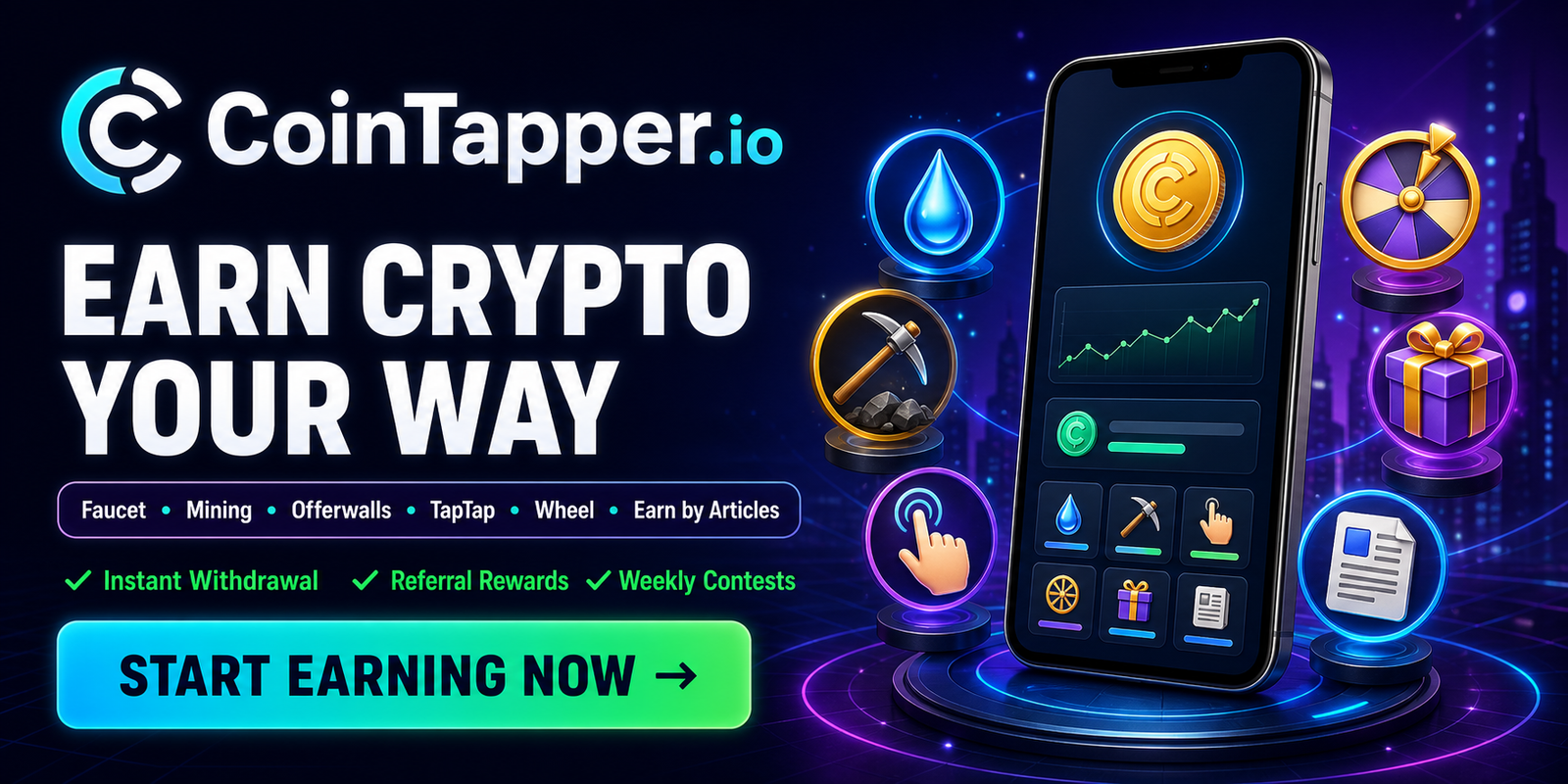 CoinTapper.io — earn with Faucet, Mining, Offerwalls, TapTap, Wheel and Articles; instant withdrawal, referral rewards and weekly contests